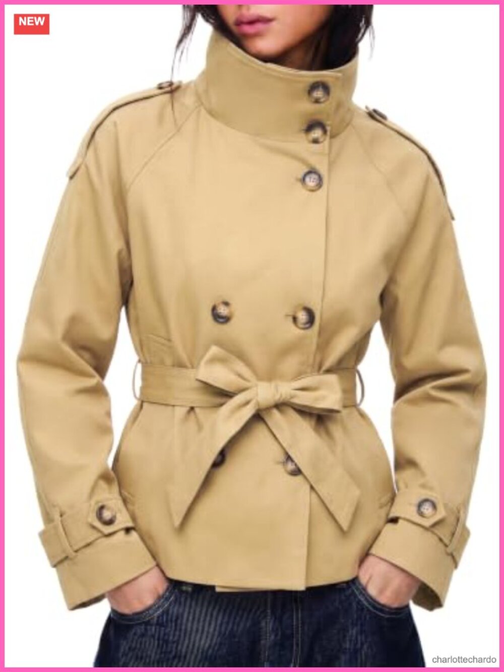 Cropped Trench Coat Double Breasted High Neck Jacket Polyester Blend
